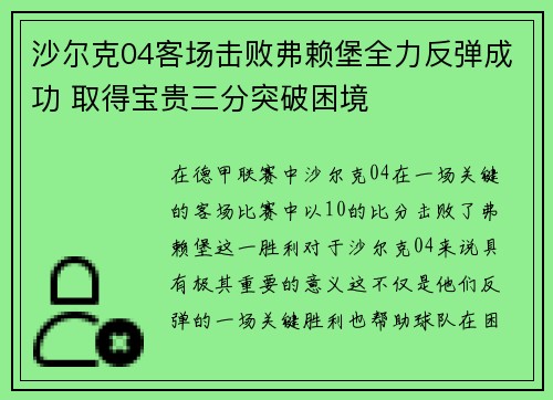 沙尔克04客场击败弗赖堡全力反弹成功 取得宝贵三分突破困境