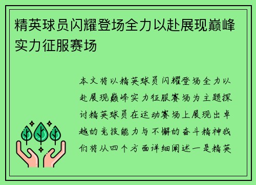 精英球员闪耀登场全力以赴展现巅峰实力征服赛场